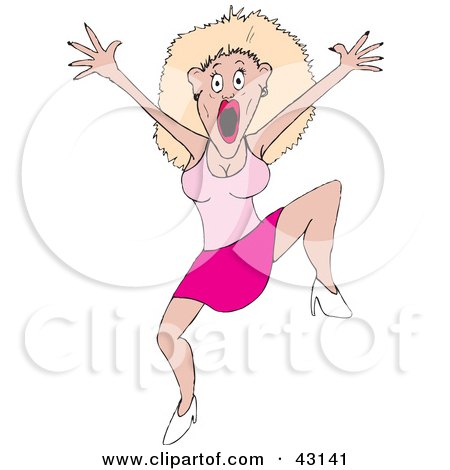 Clipart Illustration of a Crazy Blond Woman In Pink, Running Forward by Dennis Holmes Designs