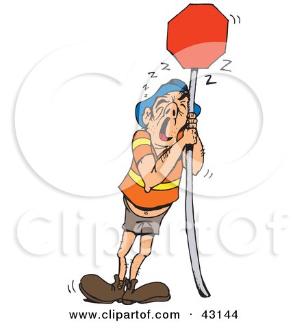 Clipart Illustration of a Tired Man Leaning Against A Blank Red Sign by Dennis Holmes Designs