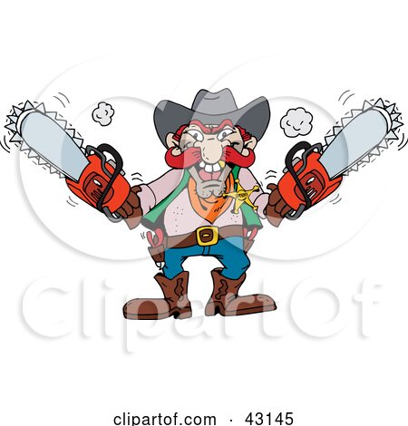 Clipart Illustration of a Mad Man Holding Two Red Chainsaws by Dennis Holmes Designs