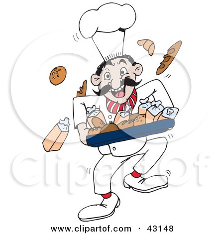 Clipart Illustration of a Happy Baker Running With Breads by Dennis Holmes Designs