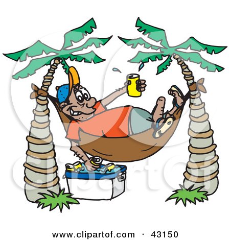Clipart Illustration of a Man Grabbing Beer From A Cooler Under His Hammock by Dennis Holmes Designs