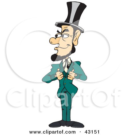 Clipart Illustration of Abe Lincoln Adjusting His Green Suit And Wearing A Tall Hat  by Dennis Holmes Designs