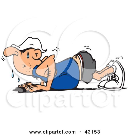 Clipart Illustration of a Sweaty Man Doing Pushups With His Belly Touching The Floor by Dennis Holmes Designs