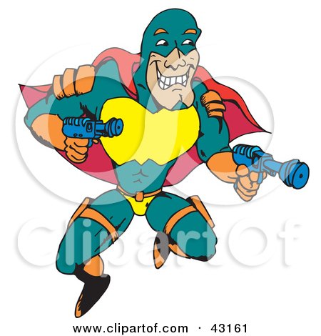 Clipart Illustration of a Flying Super Hero In Green, Orange, Red And Yellow, Holding Two Guns by Dennis Holmes Designs