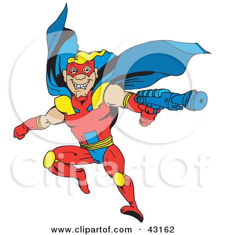 Clipart Illustration of a Flying Super Hero In A Blue, Yellow And Red Uniform, Holding A Gun by Dennis Holmes Designs