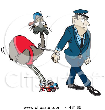 Clipart Illustration of a Police Officer Cuffed To A Roller Skating Emu by Dennis Holmes Designs