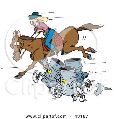 Clipart Illustration of Three Barrels Racing A Woman On A Horse by Dennis Holmes Designs