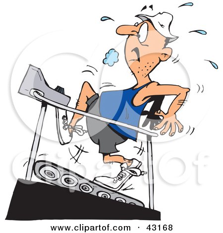 Clipart Illustration of a Sweaty Man Running On A High Incline On A Treadmill by Dennis Holmes Designs