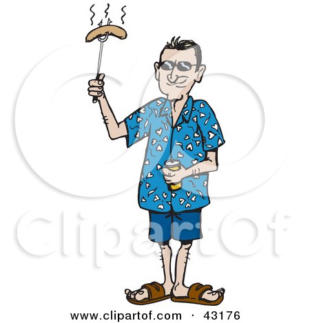 Clipart Illustration of a Man Holding Up A Weenie On A Poker by Dennis Holmes Designs