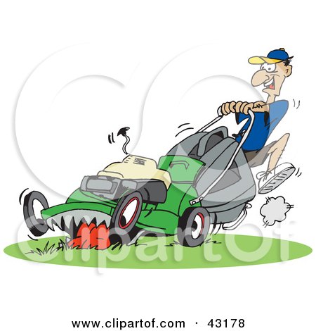 Clipart Illustration of a Man Pushing A Hungry Green Lawn Mower by Dennis Holmes Designs