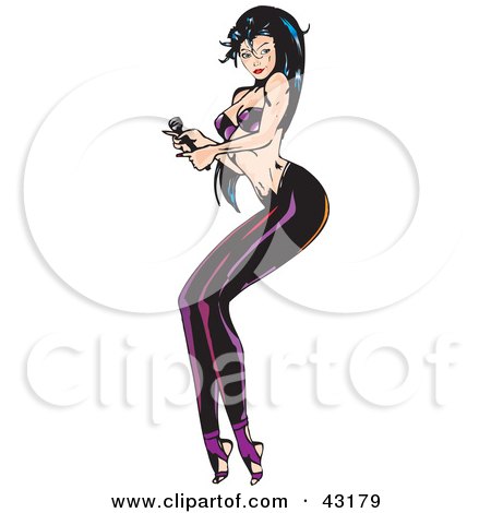 Clipart Illustration of a Sexy Black Haired Singer With A Microphone On Stage by Dennis Holmes Designs