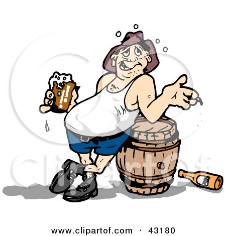 Clipart Illustration of a Drunk Man With A Belly, Drinking And Leaning Against A Keg by Dennis Holmes Designs