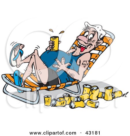 Clipart Illustration of a Drunk Man Resting A Beer Can On His Belly While Resting In A Lounge Chair by Dennis Holmes Designs
