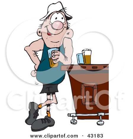 Clipart Illustration of a Happy Man Leaning Against A Bar And Drinking Beer by Dennis Holmes Designs