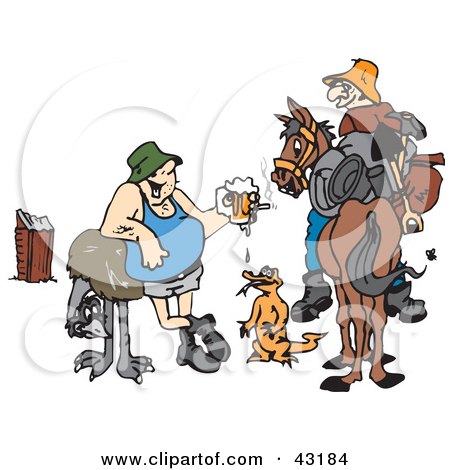 Clipart Illustration of a Drunk Man With An Emu, Lizard And Another Man On A Horse by Dennis Holmes Designs