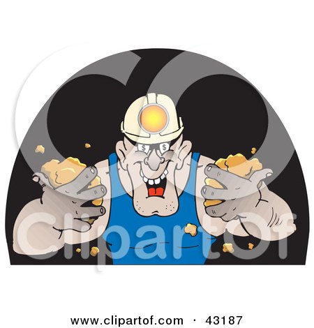 Clipart Illustration of a Strong Miner Wearing A Headlamp And Holding Dirt In A Dark Cave by Dennis Holmes Designs