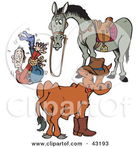 Clipart Illustration of a Cow And Horse With A Tied Up Cowboy by Dennis Holmes Designs