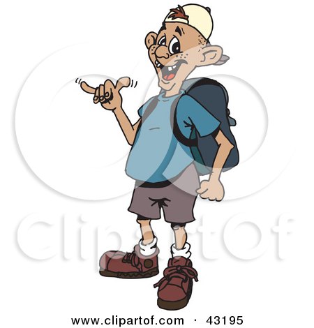 Clipart Illustration of a Cool Man Gesturing The Shaka Sign And Wearing A Backpack by Dennis Holmes Designs