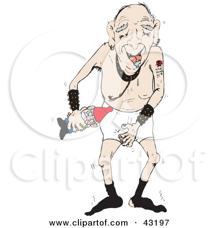 Clipart Illustration of a Drooling Man Grabbing Himself And Carrying A Garden Gnome by Dennis Holmes Designs