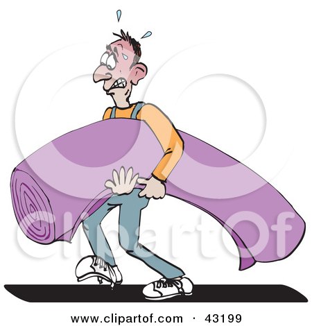 Clipart Illustration of a Strained And Sweaty Carpet Installer Carrying A Roll by Dennis Holmes Designs