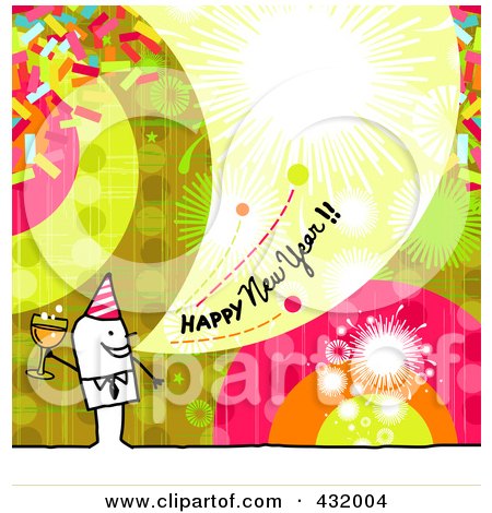 Royalty-Free (RF) Clipart Illustration of a Stick Man Holding Champagne And Shouting Happy New Year On A Colorful Background by NL shop