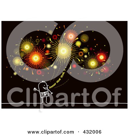 Royalty-Free (RF) Clipart Illustration of a Stick Man Shouting Happy New Year Under Fireworks On Black by NL shop