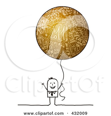 Royalty-Free (RF) Clipart Illustration of a Stick Man Holding A Round Gold New Year Balloon by NL shop