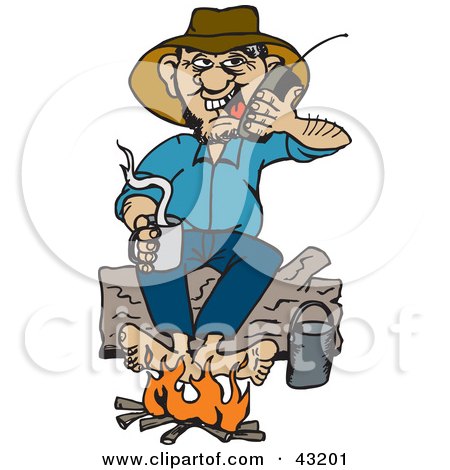 Clipart Illustration of a Man Sitting On A Log And Warming His Feet By A Campfire While Talking On A Cell Phone by Dennis Holmes Designs