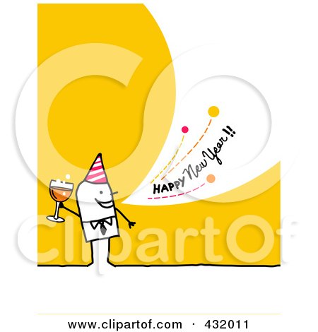 Royalty-Free (RF) Clipart Illustration of a Stick Man Holding Champagne And Shouting Happy New Year On A Yellow Background by NL shop