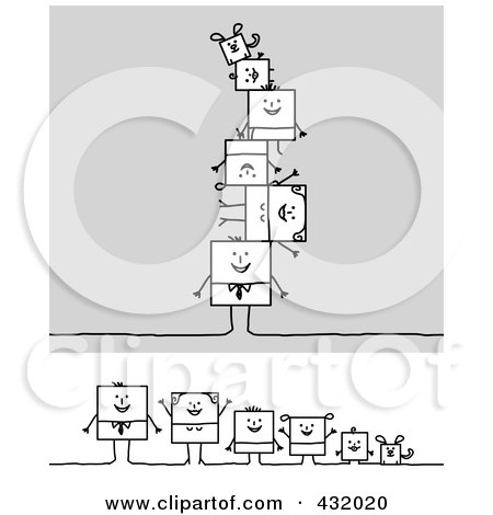 Royalty-Free (RF) Clipart Illustration of a Digital Collage Of A Square Stick Family And Pets In A Line And Piled by NL shop