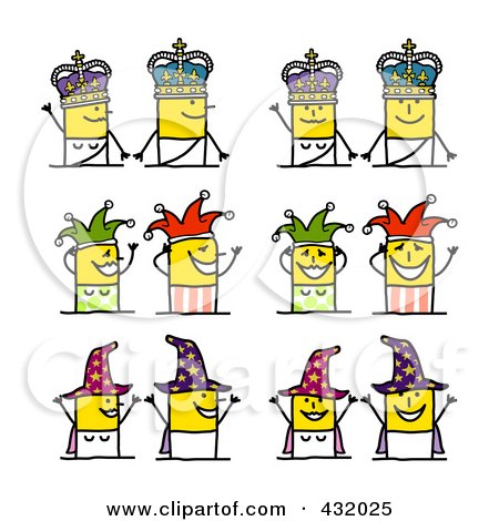 Royalty-Free (RF) Clipart Illustration of a Digital Collage Of Royal, JOker And Witch Stick Couples by NL shop