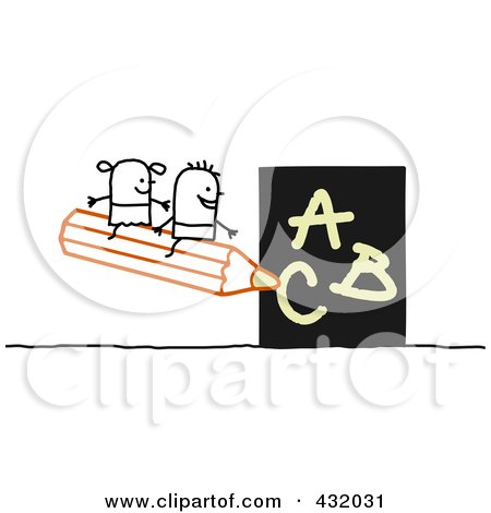 Royalty-Free (RF) Clipart Illustration of a Stick Boy And Girl Sitting On A Pencil Writing The ABCs by NL shop