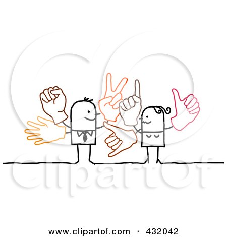 Royalty-Free (RF) Clipart Illustration of a Stick Business Man And Woman With Multiple Hand Gestures by NL shop