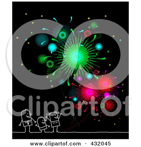 Royalty-Free (RF) Clipart Illustration of a Happy New Year Family Celebrating Under Fireworks On Black by NL shop