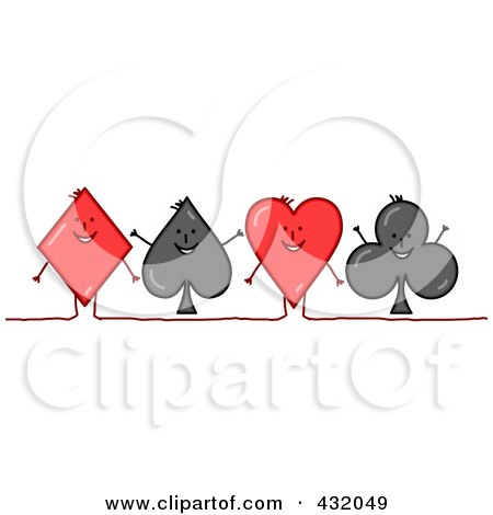 Royalty-Free (RF) Clipart Illustration of a Line Of Happy Playing Card Suit Shapes, A Diamond, Spade, Heart And Club by NL shop