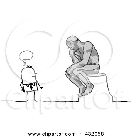 Royalty-Free (RF) Clipart Illustration of a Stick Man Pondering Over A Thinker Statue by NL shop