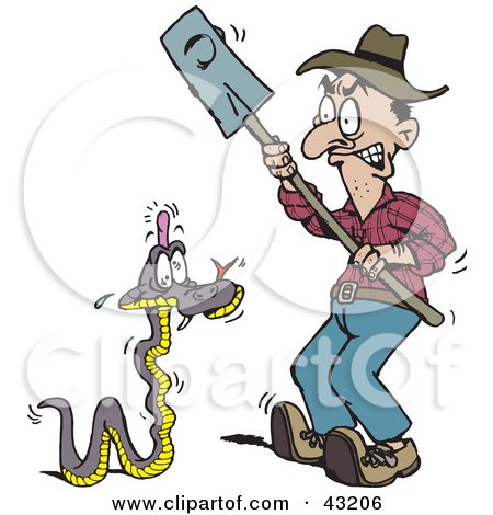 Clipart Illustration of a Man Whacking A Snake With A Bump On His Head by Dennis Holmes Designs