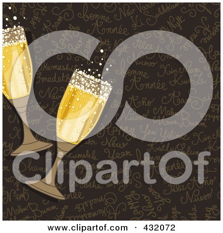 Royalty-Free (RF) Clipart Illustration of Two Glasses Of Bubbly Champagne Over A Brown Happy New Year Background by NL shop