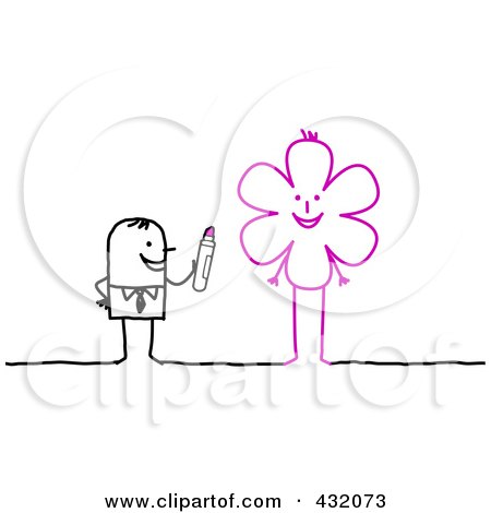 Royalty-Free (RF) Clipart Illustration of a Stick Man Drawing A Flower With A Highlighter by NL shop