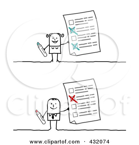 Royalty-Free (RF) Clipart Illustration of a Digital Collage Of A Stick Man And Woman Holding Up Questionnaires by NL shop