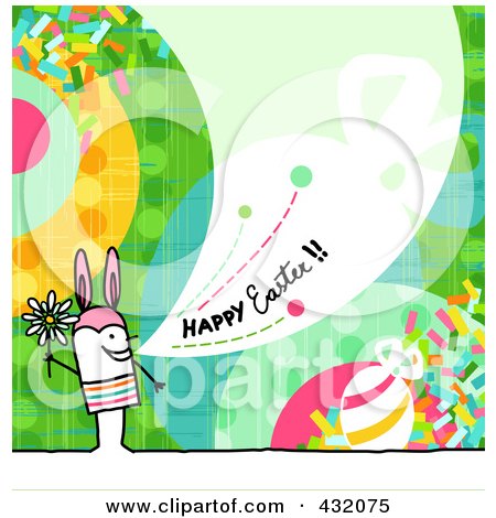 Royalty-Free (RF) Clipart Illustration of a Stick Man Holding A Flower And Wearing Bunny Ears And Shouting Happy Easter On A Colorful Background by NL shop