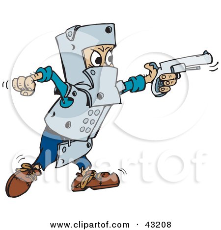 Clipart Illustration of a Man In Metal Armor, Shooting A Pistil by Dennis Holmes Designs