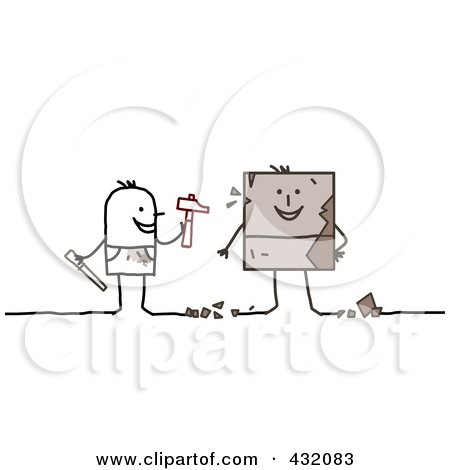 Royalty-Free (RF) Clipart Illustration of a Stick Man Artist Sculpting A Square Man Statue by NL shop