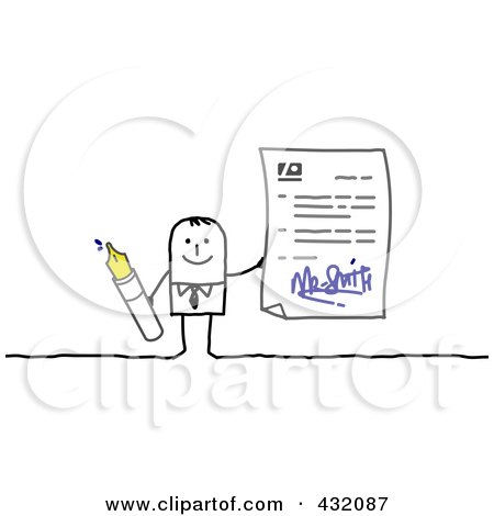 Royalty-Free (RF) Clipart Illustration of a Stick Man Holding An Ink Pen And Signed Contract by NL shop
