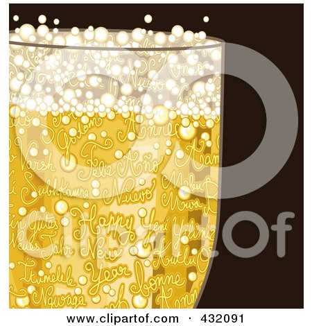 Royalty-Free (RF) Clipart Illustration of a Closeup Of Happy New Year Text In A Glass Of Bubbly Champagne On Brown by NL shop
