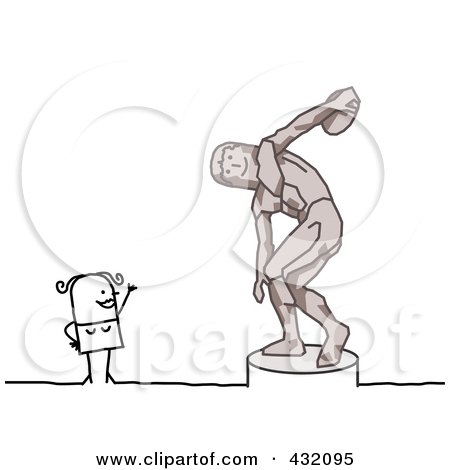 Royalty-Free (RF) Clipart Illustration of a Stick Woman Waving At A Thrower Statue by NL shop