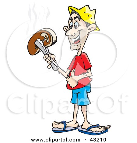 Clipart Illustration of a Man Carrying A Steak With Tongs by Dennis Holmes Designs