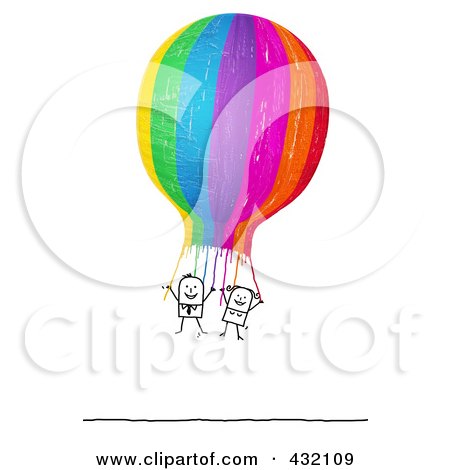 Royalty-Free (RF) Clipart Illustration of a Stick Couple Hanging Onto A Colorful Hot Air Balloon by NL shop