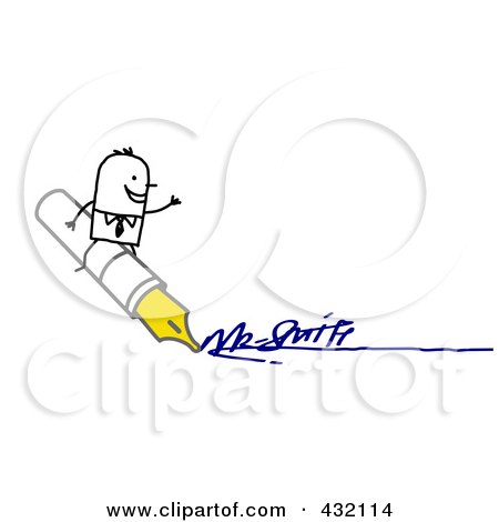 Royalty-Free (RF) Clipart Illustration of a Stick Man Sitting On An Ink Pen And Signing His Name by NL shop