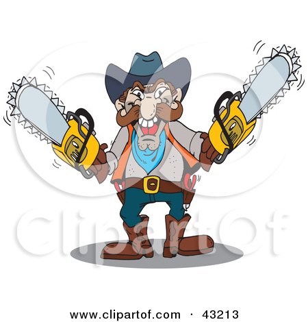 Clipart Illustration of a Cowboy Holding Two Chainsaws by Dennis Holmes Designs